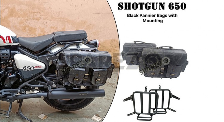 For Royal Enfield Shotgun 650 Leather Pannier Bags Black With Mounting - SPAREZO